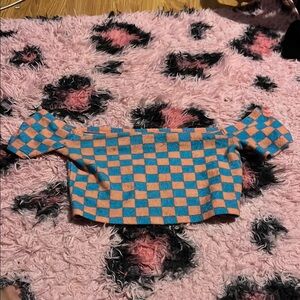 Blue and Orange Checkered Off-Shoulder Top